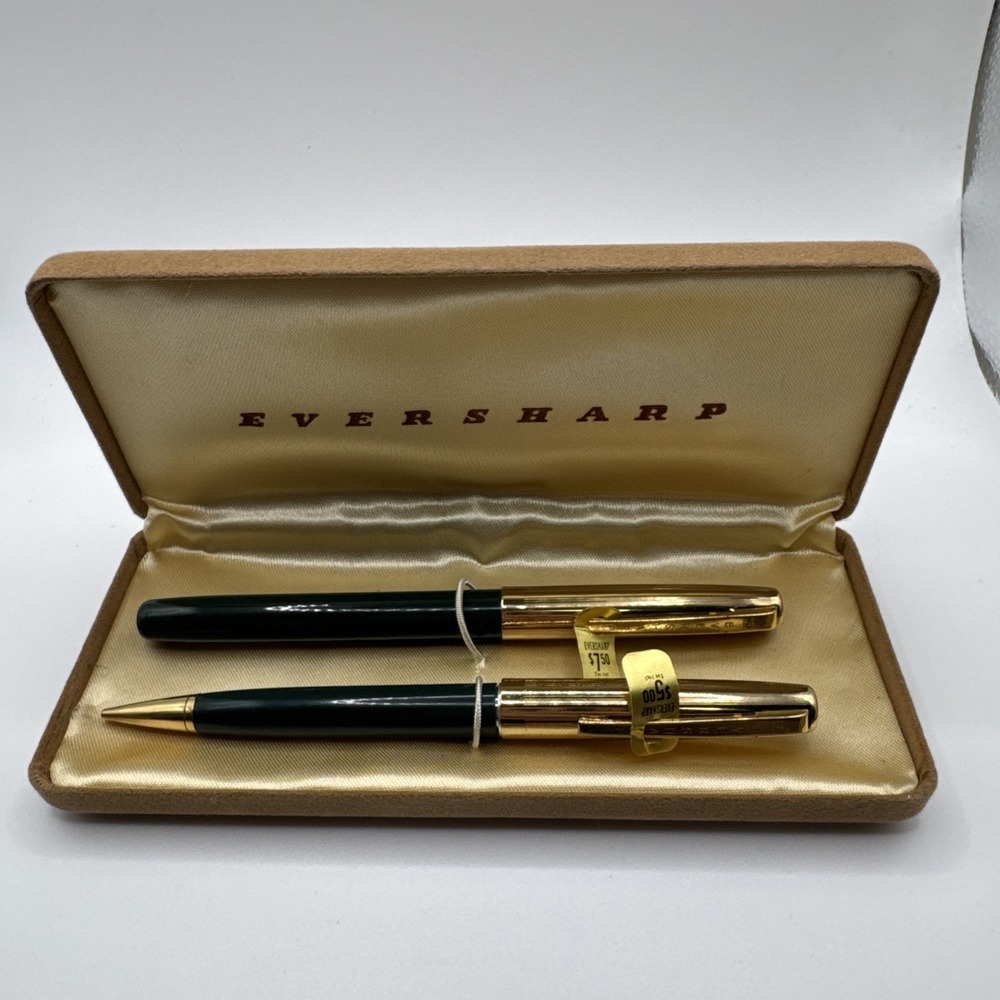 Vintage Eversharp Fountain Pen & Pencil Set 14K Gold Nib, Box Tags Green USA